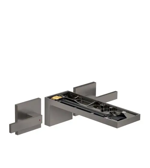 AXOR Waschtischarmatur in brushed black chrome, bestehend aus einem Auslauf und zwei Bedienelementen zur Wandmontage. Technik sichtbar im Auslauf.